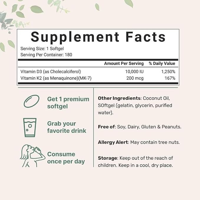 2-in-1 Vitamin D3 K2 Supplement Softgel, 10000 IU VIT D3 + 200 MCG Vitamin K2 (180 Pcs)