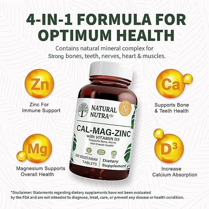 Natural Nutra 500 Count, Calcium Magnesium Zinc Supplement with Vitamin D3 for Bone Strength, Helps Improve Digestion, Health Gluten Free and Sugar-Free, Essential Mineral Complex