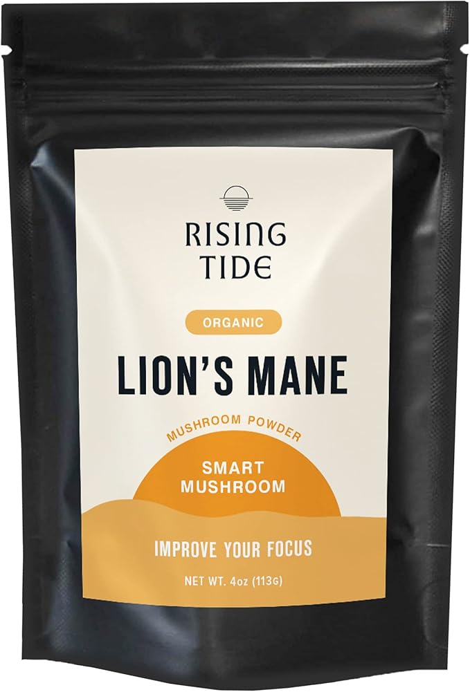 Rising Tide Organic Lions Mane Mushroom Powder - Highly Concentrated and Packed with Nourishing Compounds to Boost Focus, Creativity, and Memory - 4 OZ Vegan, Non-GMO Lions Mane Extract Powder