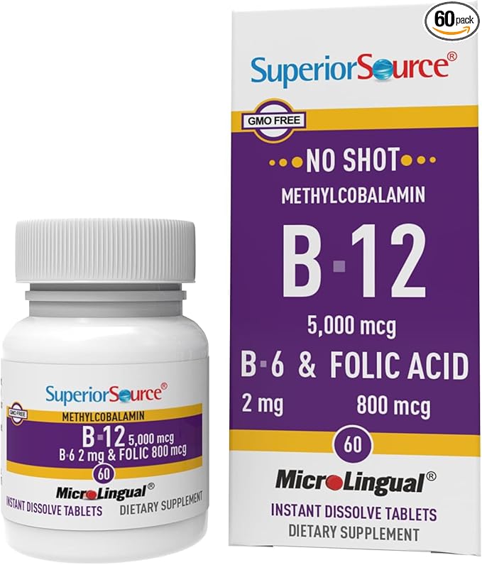 Superior Source No Shot Vitamin B12 Methylcobalamin (5000 mcg), B6, Folic Acid, Quick Dissolve Sublingual Tablets, 60 Ct, Increase Energy, Healthy Heart, Boost Metabolism, Stress Support, Non-GMO