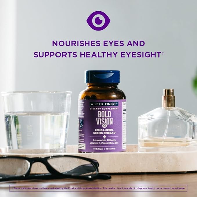 Wiley's Finest Wild Alaskan Fish Oil Bold Vision - Fish Oil Eye Health Supplement with Lutein, Zeaxanthin, Bilberry, Omega-7, Vitamin E, and Zinc - 60 Softgels (30 Servings)