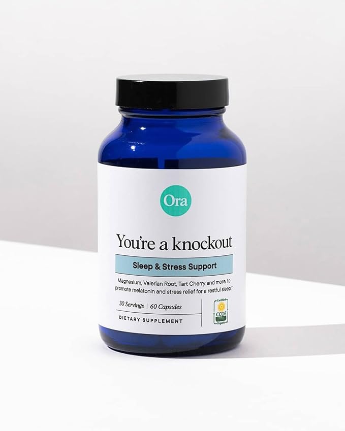 Ora Organic Natural Sleep Aid Supplement Stress Support Calming Herbal Blend with Melatonin from Tart Cherry - Includes Magnesium Citrate, Valerian Root, and Lemon Balm - 1 Month Supply, 60 Capsules