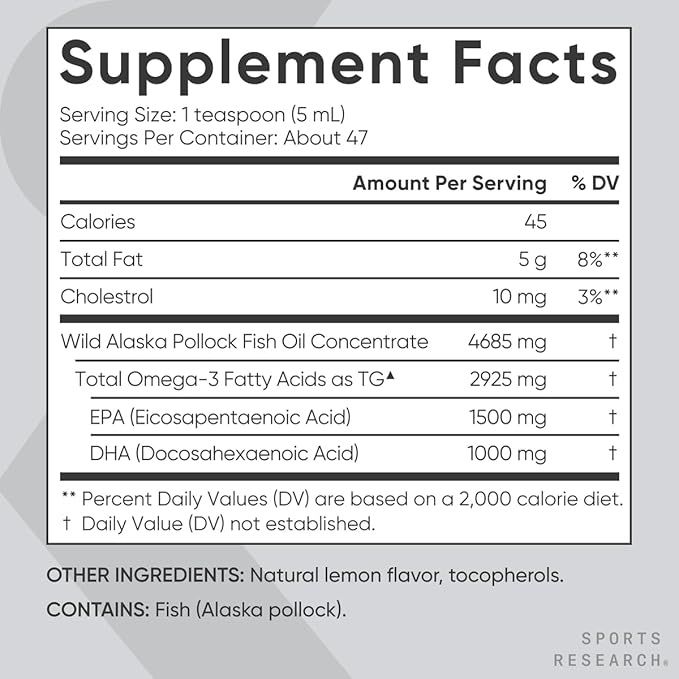 Sports Research® Omega-3 Fish Oil 4685mg - Sourced from Wild Caught Alaska Pollock - Natural Lemon Flavor, MSC Certified Sustainable - 8oz (48 Servings)
