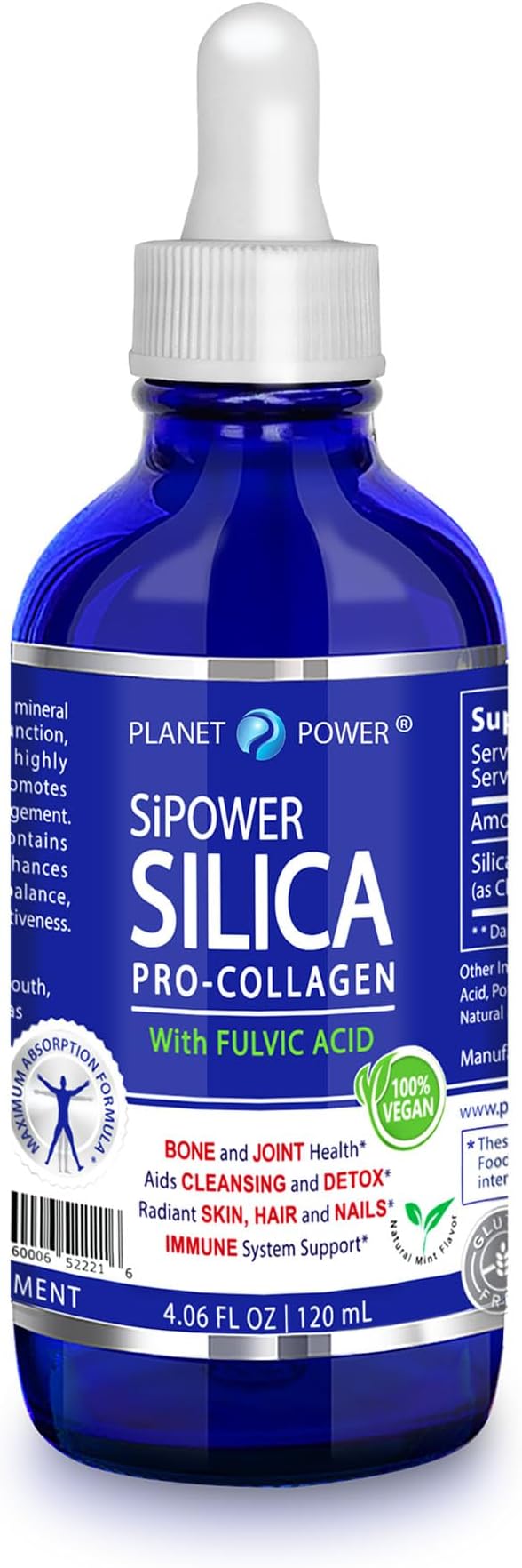 SiPower Silica Vegan Collagen, Supplement Drops - Liquid Orthosilicic Acid (CH-OSA) + Fulvic Acid. Natural Collagen Booster for Joints, Bones, Hair, Skin, Nails, Immune & Digestive Health-4oz