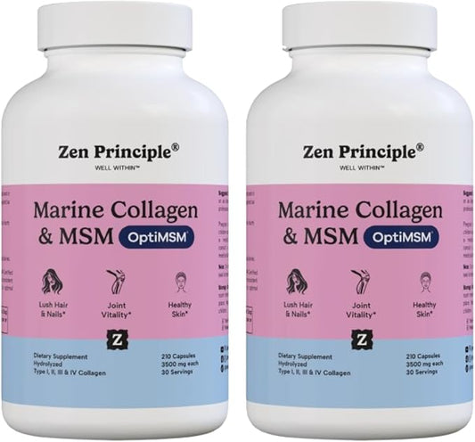 Zen Principle Marine Collagen Peptides Powder with OptiMSM® Supplement. Clinically Tested for Skin Support. Wild-Caught Fish, Non-GMO. 420 Capsules.