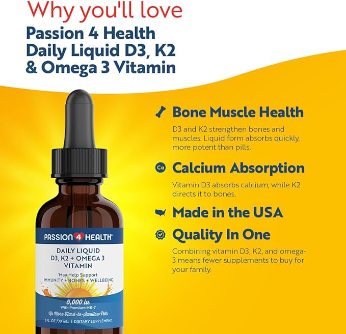 Passion 4 Health Organic Liquid Vitamin D3 (5000IU) + K2 (Mk-7) + Omega 3 Supplement - Support for Healthy Bones and Muscles (1)
