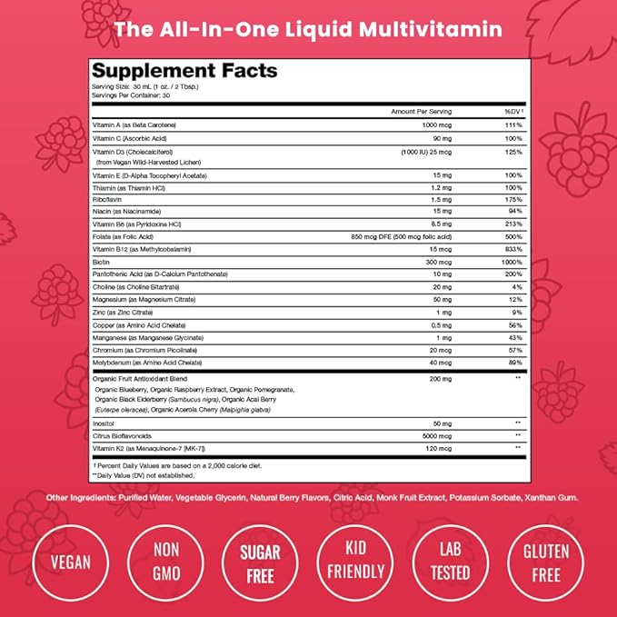 Liquid Multivitamin for Women, Men & Kids | Sugar Free Liquid Vitamins | Vitamin A, B, C, D, E, K, Biotin, Zinc, Magnesium | Energy, Beauty, Immune Support Supplement | Vegan, Natural Raspberry