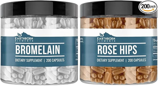Earthborn Elements Rose HIPS & Bromelain Capsule Bundle (200 Capsules Each), Pure & Undiluted, No Additives