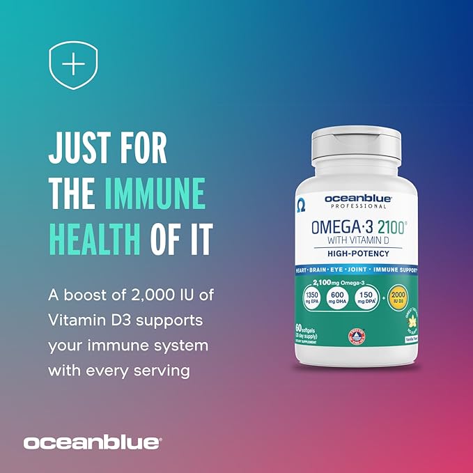 Oceanblue Professional Omega-3 2100 with Vitamin D3 – 120 ct – Triple Strength Burpless Fish Oil Supplement with High-Potency EPA, DHA, DPA and Vitamin D3 – Wild-Caught – Orange Flavor (60 Servings)