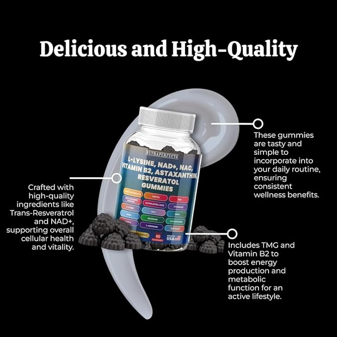 Sugar Free Gummies with Trans-Resveratrol, L-Lysine, L-Arginine, Fisetin, NR, NAD+, ALA, TMG, Beet Root, Astaxanthin, SAM-e, DHEA, Vitamin B2 For Men, Women, Detox, Energy, Metabolism, Aging, Joints