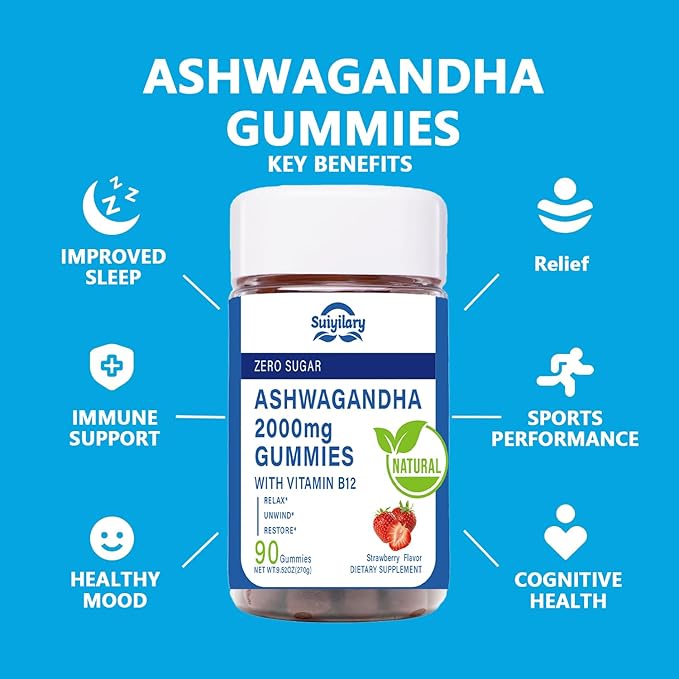 Ashwagandha Gummies 2000mg, Ashwagandha High Strength Root Extract Supplement with Vitamin B12 for Men Women, Strawberry Flavour 45 Days Supply 90 Gummies