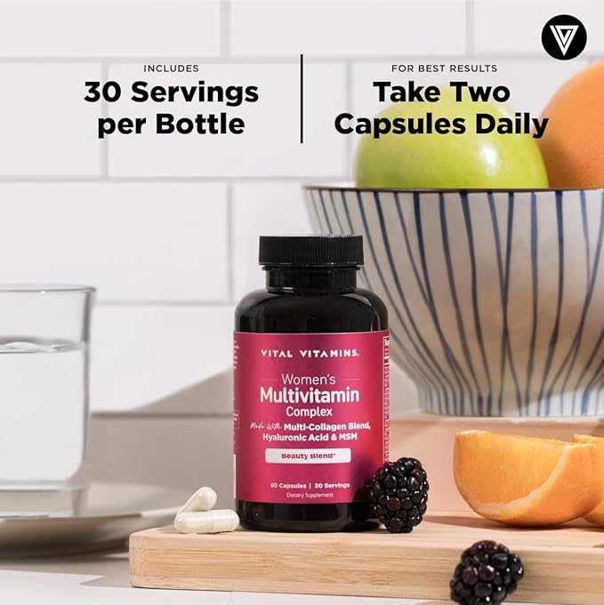 Vital Vitamins Women's Multivitamin Complex (4-Pack) - Made with Multi-Collagen Blend, Hyaluronic Acid, & MSM - Beauty Multivitamin for Women - with Vitamin A, C, E, B6, B12, D3