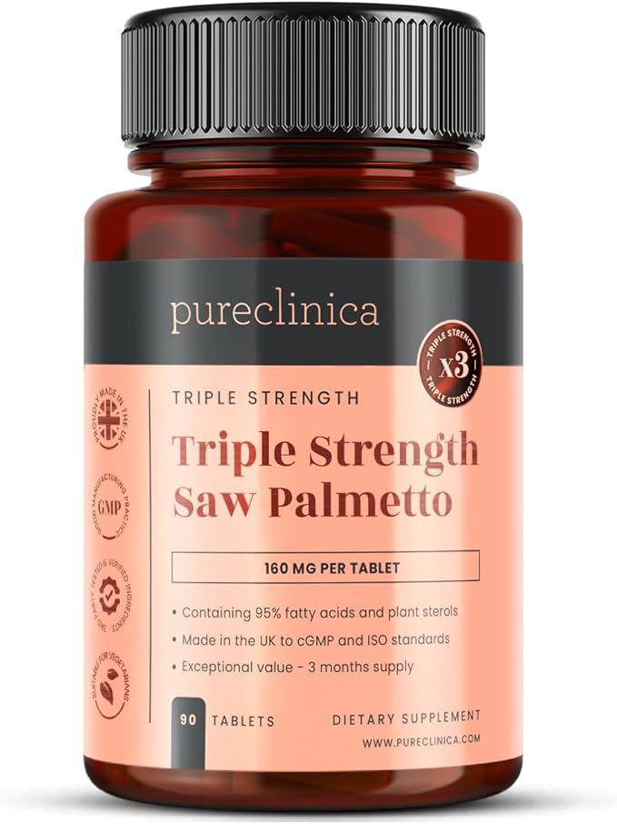 pureclinica High Potency Saw Palmetto x 90 Tablets - 160mg of 20:1 Saw Palmetto Extract per Tablet - Equivalent to 3200mg - 3 Months Supply - 95% Fatty Acids