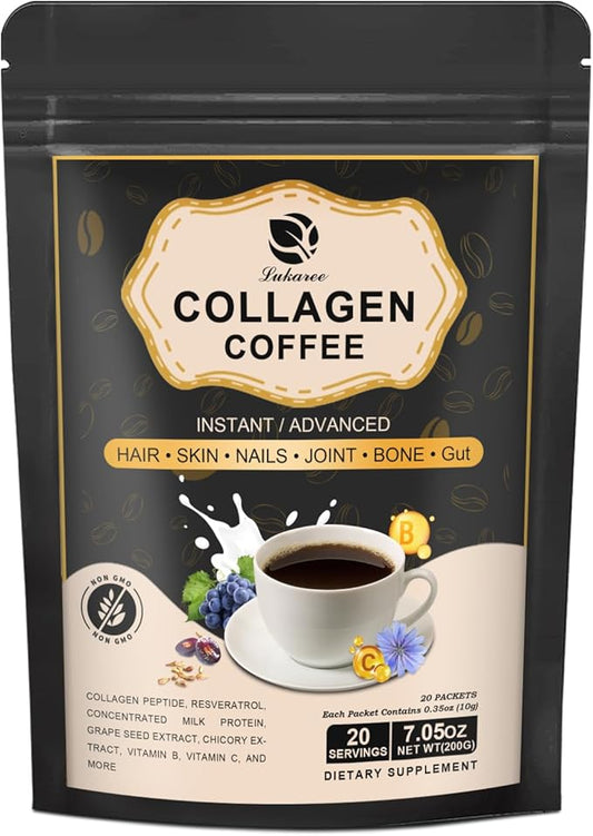 Instant Collagen Coffee with Vitamin C, B7, B9, Collagen Peptide Powder with Reseratrol, Carnosine for Hair Skin Nails Bones