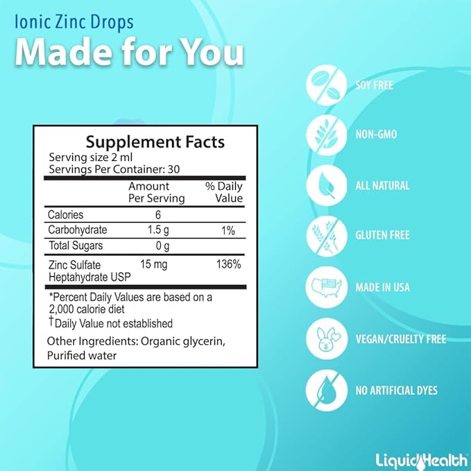 LIQUIDHEALTH USDA Organic Ionic Zinc High Potency Drops - Trace Mineral Liquid Vitamin Supplement for Adults, Kids - Immune & Digestive Support, Skin & Wound Health - USA Made, Vegan, Non-GMO (2 Pack)