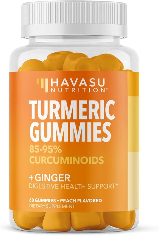 Turmeric Gummies with Ginger and 95% Curcuminoids - Digestive Health and Immune Support Supplement for Overall Wellness - 60 Count - Vegan, Non-GMO Curcumin Vitamin - Peach Flavor, 1 Month Supply