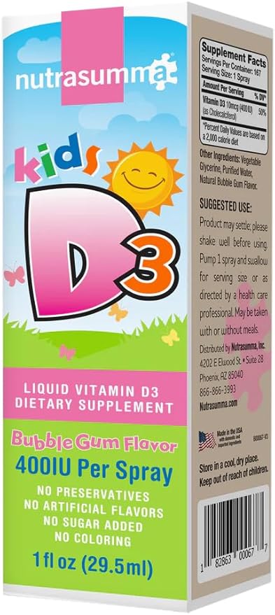 Kids Vitamin D3 400 IU Spray Bubble Gum Flavor-1oz- Naturally High Absorption Rate Supports Bone Boosts Immune System Vitamin Supplement