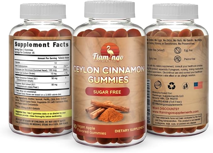 Sugar Free Ceylon Cinnamon Gummies Sugar Regulation, Neuroprotective- Supplement with Chromium and Cinnamon Bark- Alternative to Cinnamon Capsules - 90 Chews