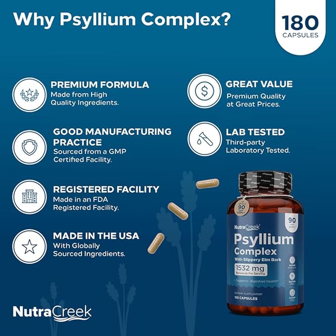 Psyllium Complex | 11-Ingredient Psyllium Husk Capsules with Psyllium Powder, Slippery Elm & Ginger to Cleanse & Support Digestive System Health | 180 Capsules