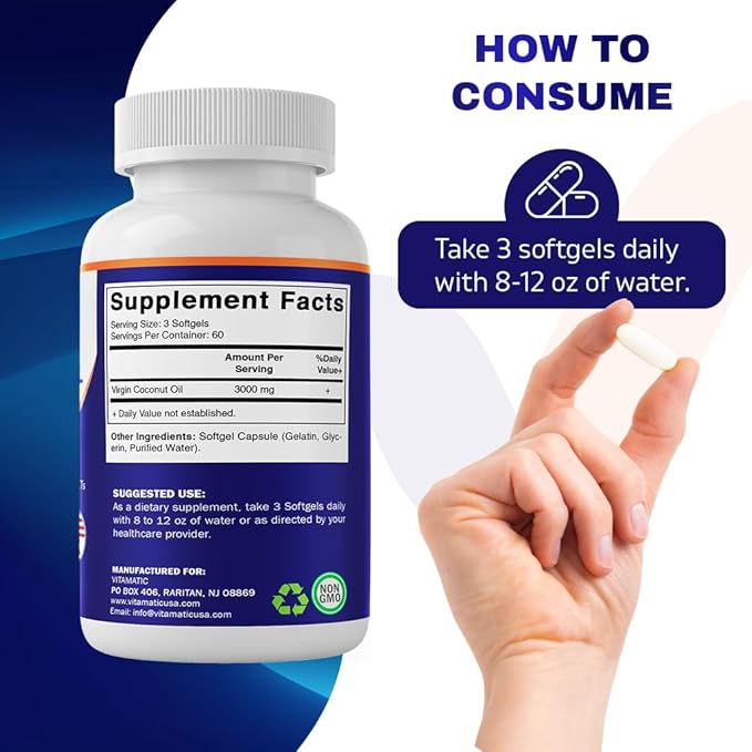 Vitamatic Virgin Coconut Oil Softgels, 3000 mg Per Serving, 60 Servings, 180 Count, Non-GMO, Gluten Free