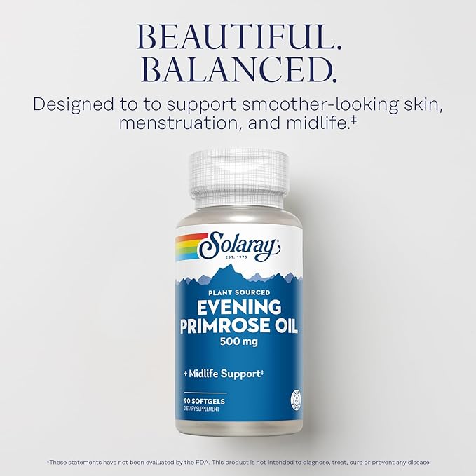 SOLARAY High Potency Evening Primrose Oil 500mg - Midlife Support - Source of Gamma Linolenic Acid and Linoleic Acid - No Solvents, Cold Pressed - 90 Servings, 90 Softgels