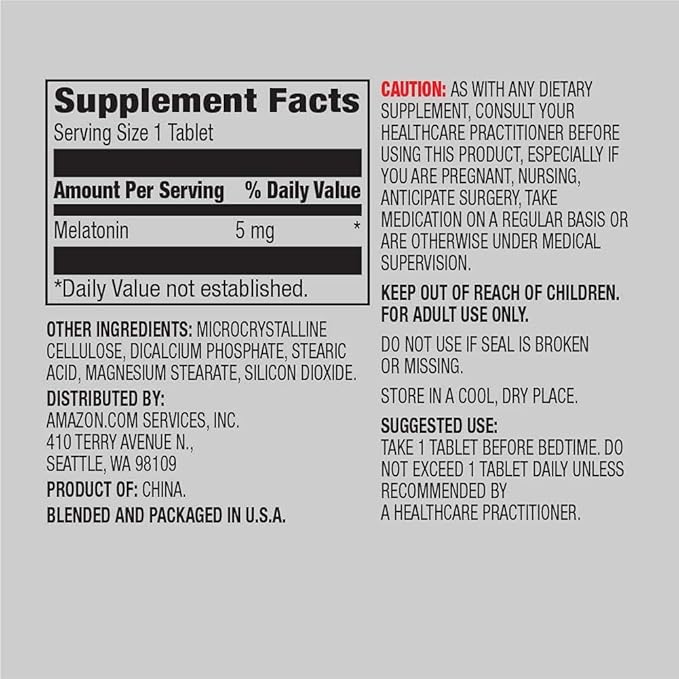 Amazon Elements - Melatonin 5mg Capsules, Helps with occasional sleeplessness, Vegan, Unflavored, 195 Count (Pack of 1), 6 month supply (Packaging may vary)
