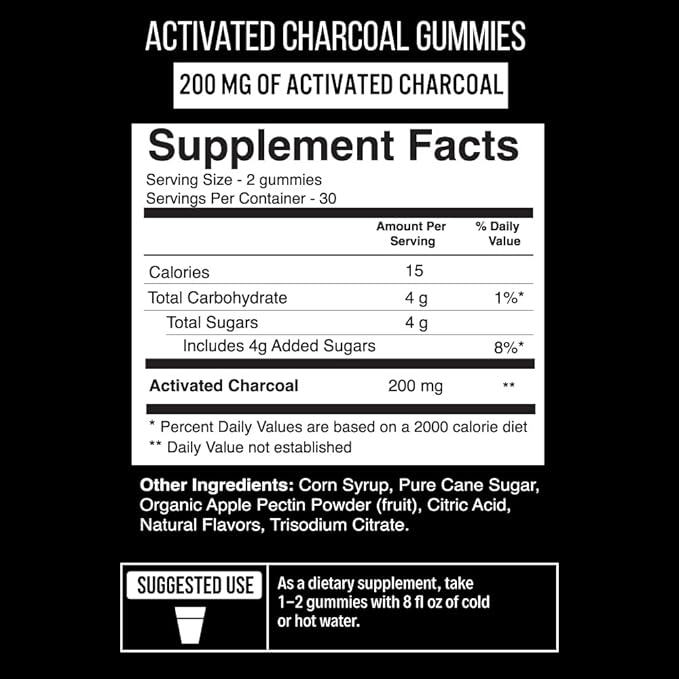 Activated Charcoal Gummies - Natural Coconut Shell Charcoal Gummy Supplements for Detox Support, Stomach Bloat & Oral Health - Gluten Free, Vegan & Pectin Based - Acai Flavor, 60 Count