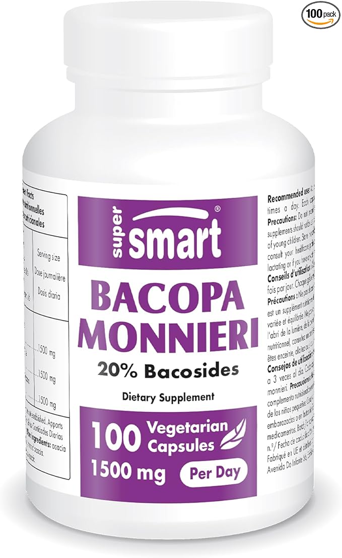 Supersmart - Bacopa Monnieri 1500 mg Per Day - Nootropic Supplement & Brain Boost - Help Improve Learning, Memory & Information Processing | Non-GMO & Gluten Free - 100 Vegetarian Capsules