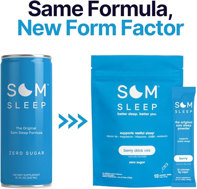 Som Sleep, Restful Calm Sleep Powder Drink Mix w/Melatonin, Magnesium, Vitamin B6, L-Theanine & GABA – Vegan, Zero Sugar, Keto Friendly – Berry, 10-Pack