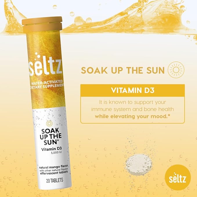 Seltz® Water-Activated Vitamins - Soak up The Sun with Vitamin D3 (5,000 IU) – Natural Mango Orange Flavor Dietary Supplement - 20 Effervescent Tablets