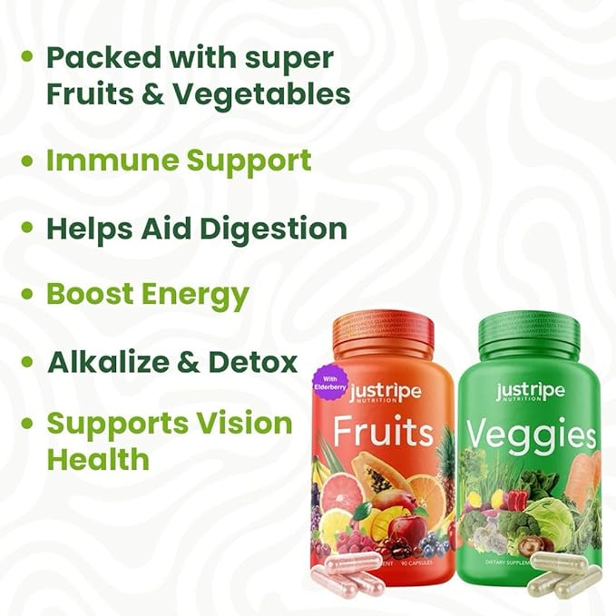 Fruits and Veggies Supplement - 90 Fruit and 90 Vegetable Capsules - 100% Whole Natural Superfood - Filled with Vitamins and Minerals - Supports Energy Levels (2 Pack)