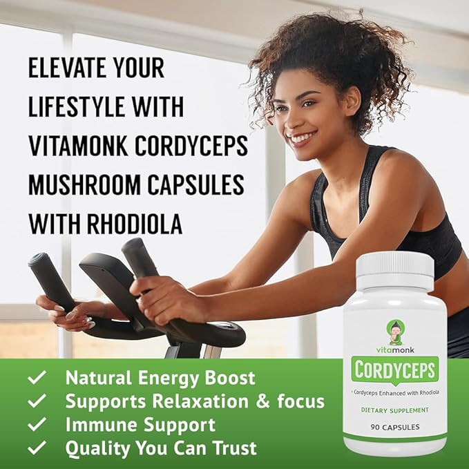 VitaMonk Cordyceps Mushroom Capsules with Rhodiola, 2 Grams of Cordyceps Mushroom Enhanced with Rhodiola - Boost Energy, Fight Stress, Enhance Performance, Non-GMO - 2000mg - 90 Caps