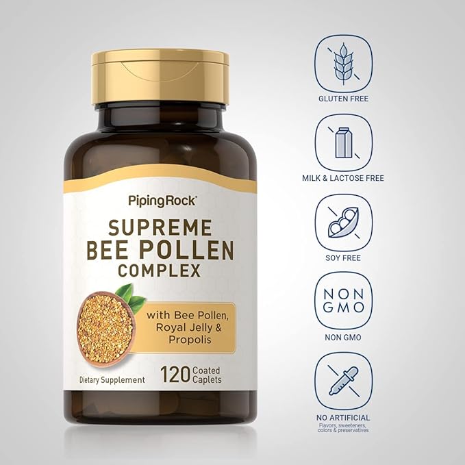 Piping Rock Bee Pollen Complex Capsules | 120 Caplets | Pills with Bee Propolis Plus Royal Jelly | Supplement for Men & Women | Non-GMO, Gluten Free