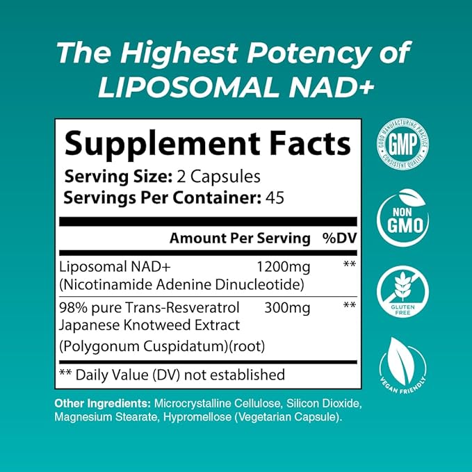 Liposomal NAD+ Supplement with Resveratrol and Japanese Knotweed Extract, Support Cellular Health Stamina Healthy Aging Energy Metabolic Repair, Vegan, Gluten Free, Non-GMO, 90Capsule