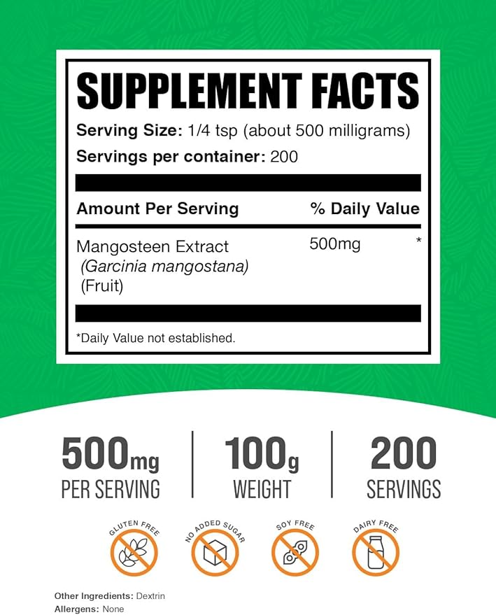 BulkSupplements.com Mangosteen Extract Powder - Superfood Supplement, from Mangosteen Fruit, Mangosteen Powder - Gluten Free, 500mg per Serving, 100g (3.5 oz) (Pack of 1)