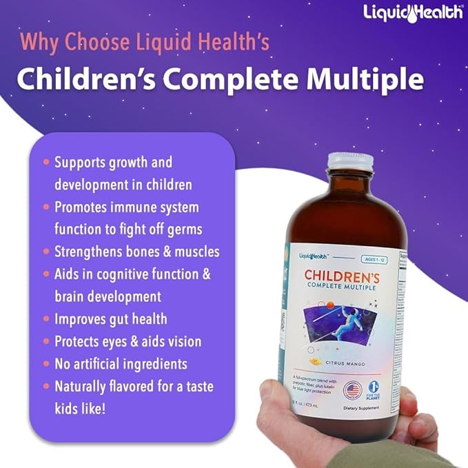 LIQUIDHEALTH Children's Complete Liquid Multivitamin for Kids, Toddlers - Essential Vitamins, Nutrients & Minerals, Immune Support, Gut Health - Made in The USA, Vegan, Non GMO, Sugar-Free (16 oz)