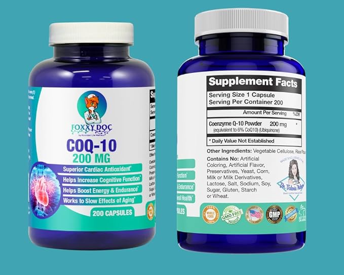 CoQ10 - Co-Enzyme Q10-200 mg - Excellent Value - 200 Caps - Quick Absorption - Veg. Caps - Non-GMO - Ubiquinone - Heart & Cellular Energy & Brain Supplement by Foxxy Doc