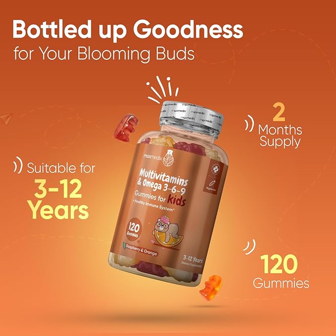 Kids Multivitamin Gummies & Omega 3, 6 & 9-120 Gummies (2 Months Supply) - for Healthy Immune System - Enriched with 12 Essential Vitamins - Natural Raspberry & Orange Flavor (3-12 Years)