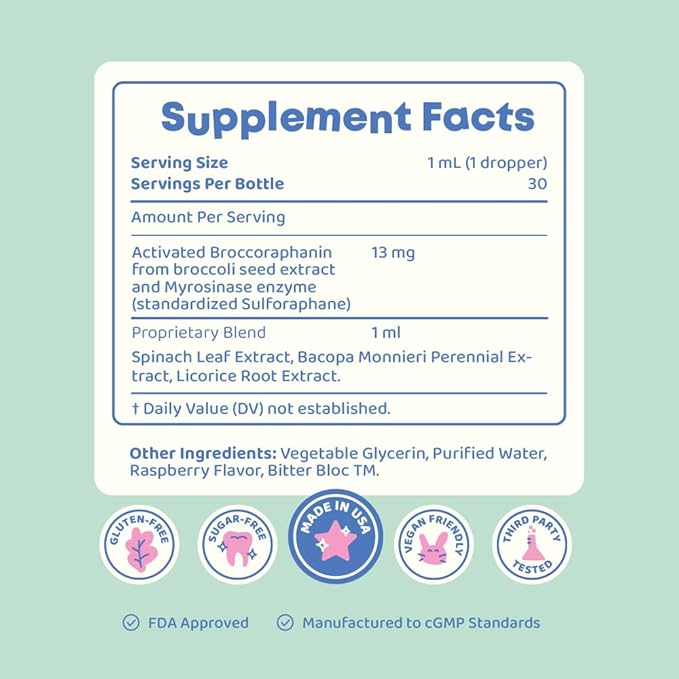 JoySpring Broccoli Supplement for Kids | Sulforaphane & Bacopa Monnieri Drops | Supports Cognitive Function | Vegan & Kid-Friendly