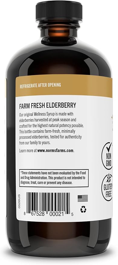 Norm's Farms Black Elderberry Wellness Syrup + Honey, Cinnamon, & Cloves - Natural Immune Support - Kosher, Gluten Free, Non-GMO - 2PK 8 Oz. Bottles