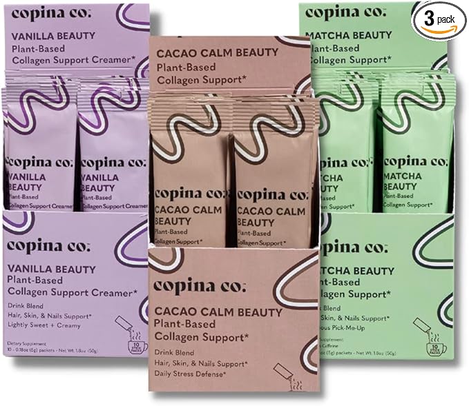 Vegan Collagen Booster Mix: Plant Based Collagen Support Smoothie Drink Vegan Blend Variety Pack | Matcha, Vanilla, & Cacao Calm | 3 Cartons, 10 Individual Stick Packs per Carton