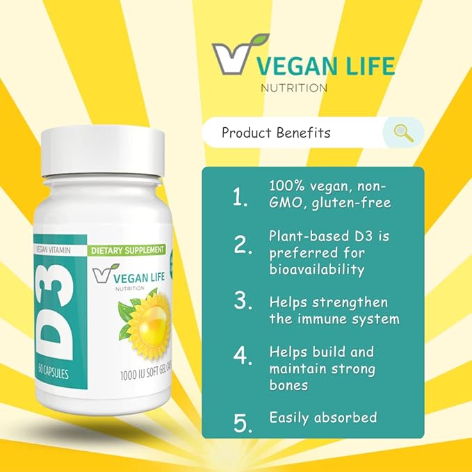 Vegan Life Nutrition - Vitamin D3 Daily Capsules for Adults (1000 IU) - Gluten-Free, Non-GMO, Supports Bone Health and Immune System - 60 Capsules