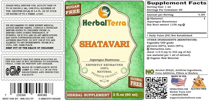 Shatavari (Asparagus Racemosus) Glycerite, Organic Dried Root Powder Alcohol-Free Liquid Extract 2 oz