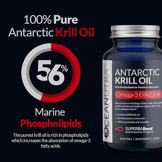 100% Pure Krill Oil 1000mg, Omega 3, Highest Concentration 56% Phospholipids, Choline & Astaxanthin, Sustainable Antarctic SuperbaBoost, DHA, EPA, Heart, Brain, Eye & Skin Care, No Fish Oil