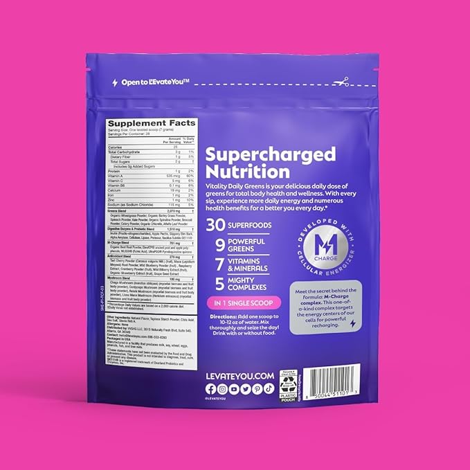 L'Evate You Vitality Daily Greens, Variety Pack (3 Bags, 84 Servings) 30 Superfoods, 9 Greens - for Cellular Energy Boost, Powered by M-Charge Complex for All Day Energy