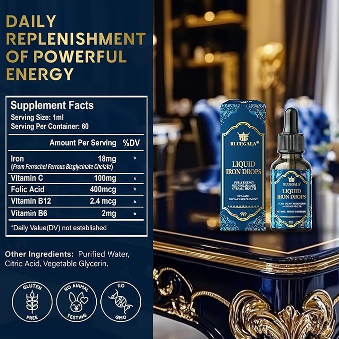 Iron Drops for Women, Liquid Iron Supplement for Women, Daily Iron Supplement, Fast Absorption, Treats Anemia, Boosts Immunity, Vegetarian, Non-GMO, 2.1 Fl Oz