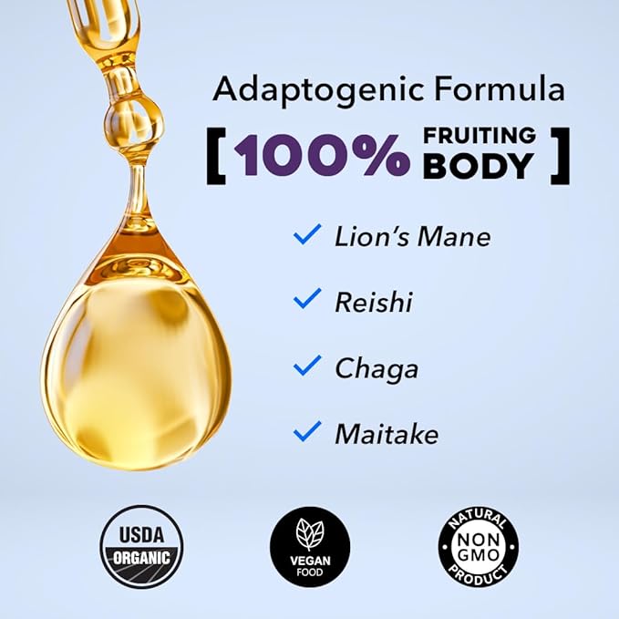 Luna 100% Organic Liquid Mushroom Tincture | for Sleep Quality, Boost Natural Healing | Recovery Enhancing PM Formula | Fruiting Body Extract | 4-in-1 Lion's Mane, Chaga, Maitake, Reishi | 60mI
