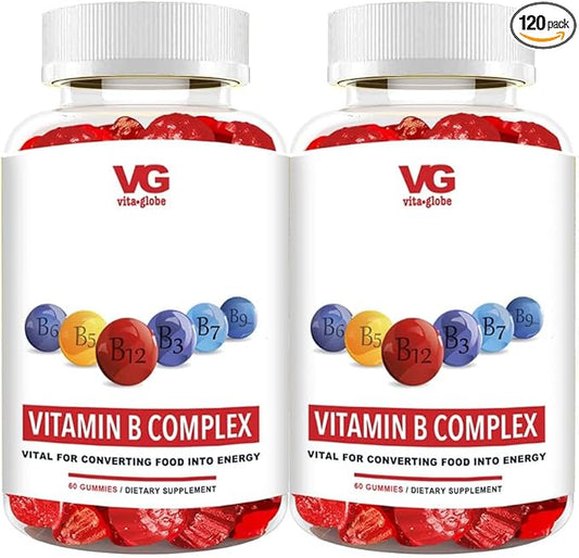 VitaGlobe B Complex Gummy - Strawberry Flavor with Vitamin C, Niacin, B6, B12 & Biotin for Energy, Heart Health and Brain Support, 120 Count (Pack of 2)