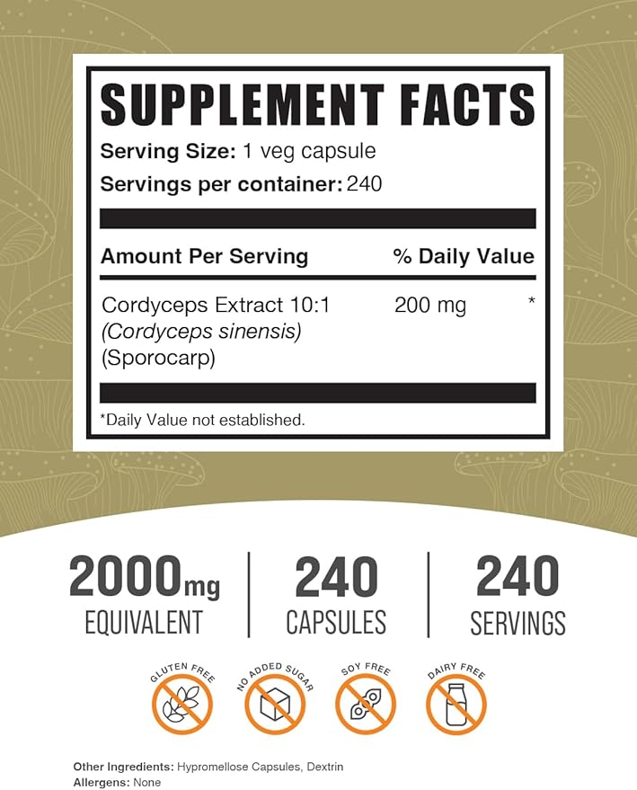 BulkSupplements.com Cordyceps Mushroom Capsules - Cordyceps Extract, from Cordyceps Sinensis - Gluten Free, 2000mg Equivalent Serving - 1 Capsule per Serving, 240 Veg Capsules (Pack of 1)