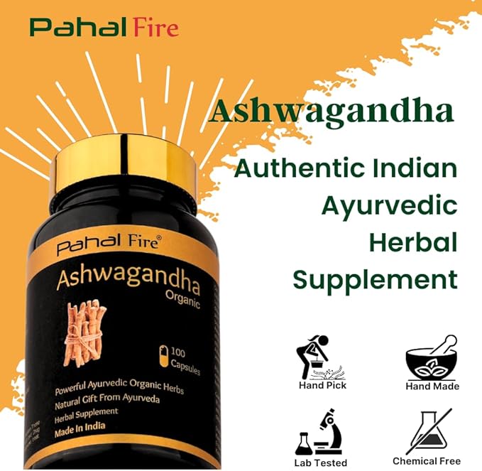 Ashwagandha Organic Herbal Supplement 500mg pr Serving 100 Capsule 50 Days Supply Stress Relief Energy Support Wild harvested in India with Lab Test Report GlutenFree